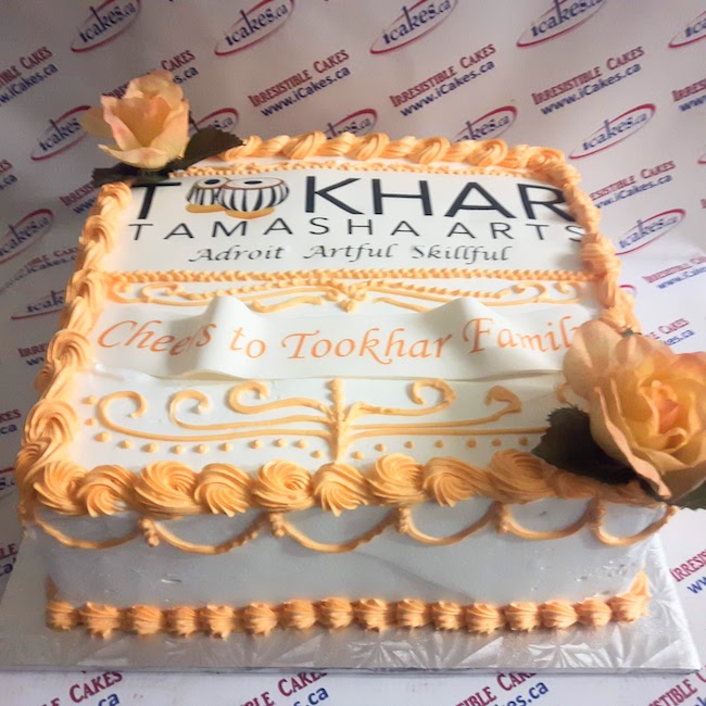 Tookhar Tamasha Arts edible logo corporate  buttercream silk roses slab cake from Irresistible Cakes