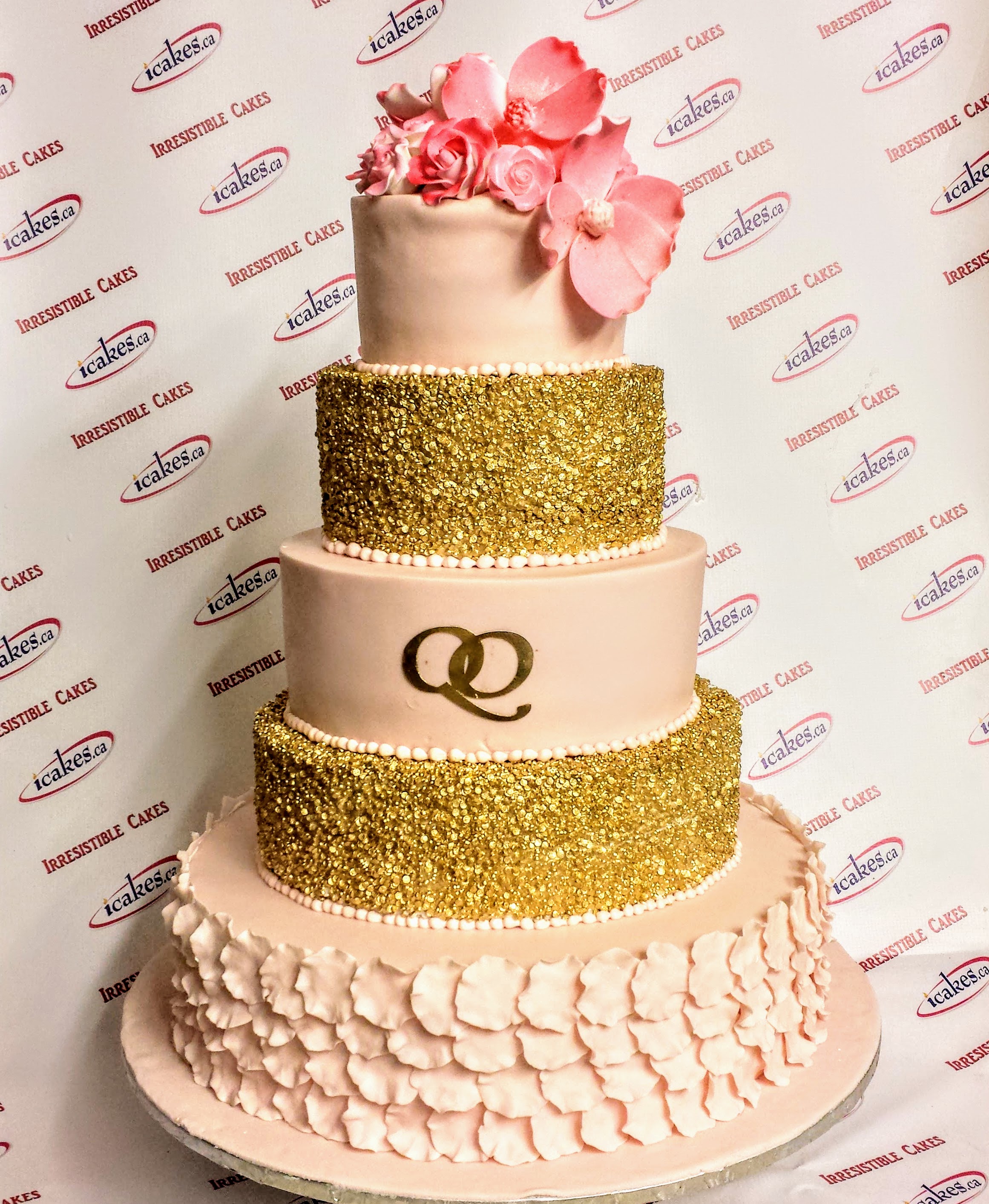 Love Petal Gold Sequins Monogram Exclusive Wedding Cake