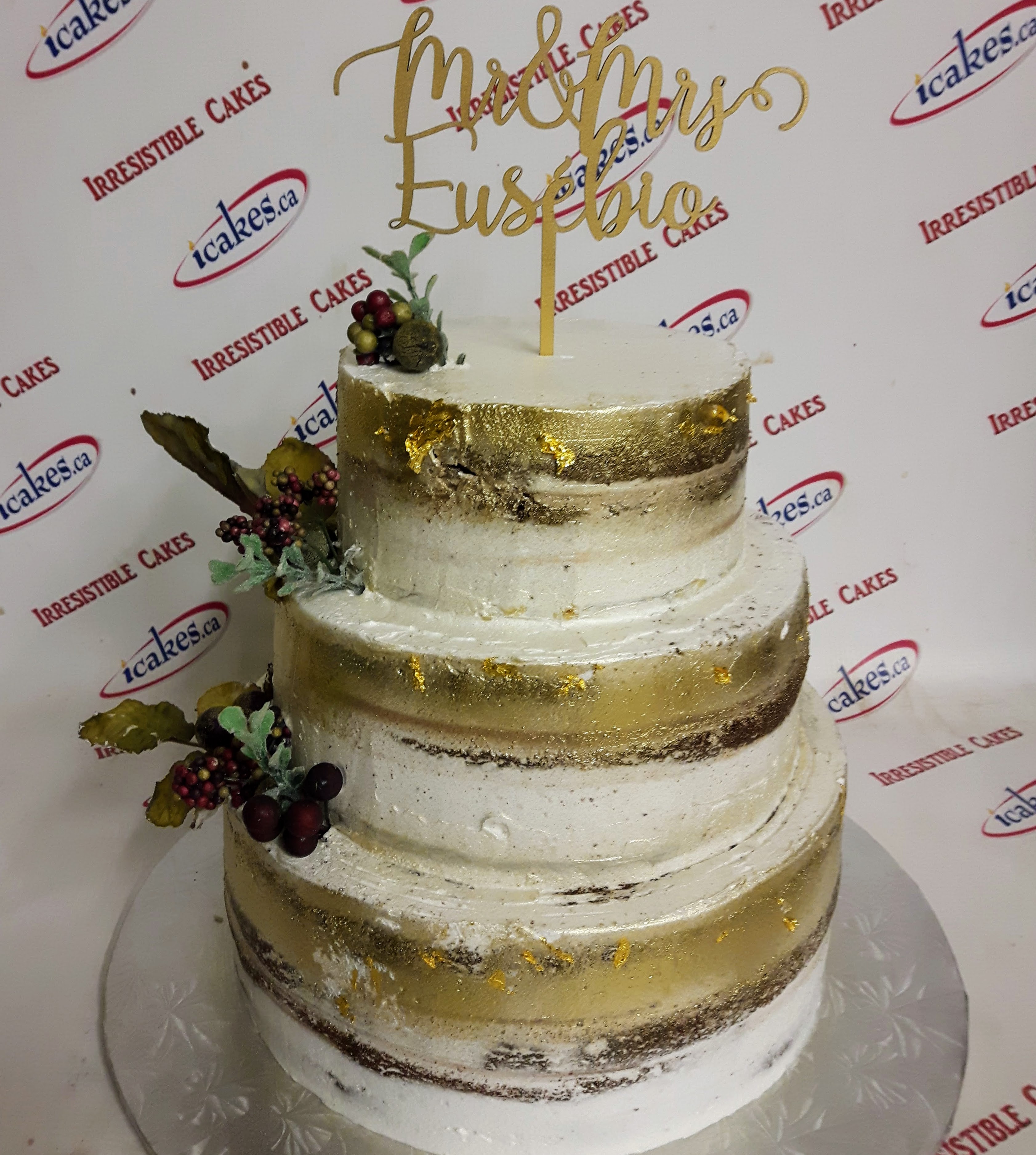 Rustic, Semi Naked, Gold Spray, Gold Leaves Wedding Cake