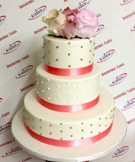 Fondant White With Silk Pink Ribbon & Flowers On Top Wedding Cake Toronto From Irresistible Cakes