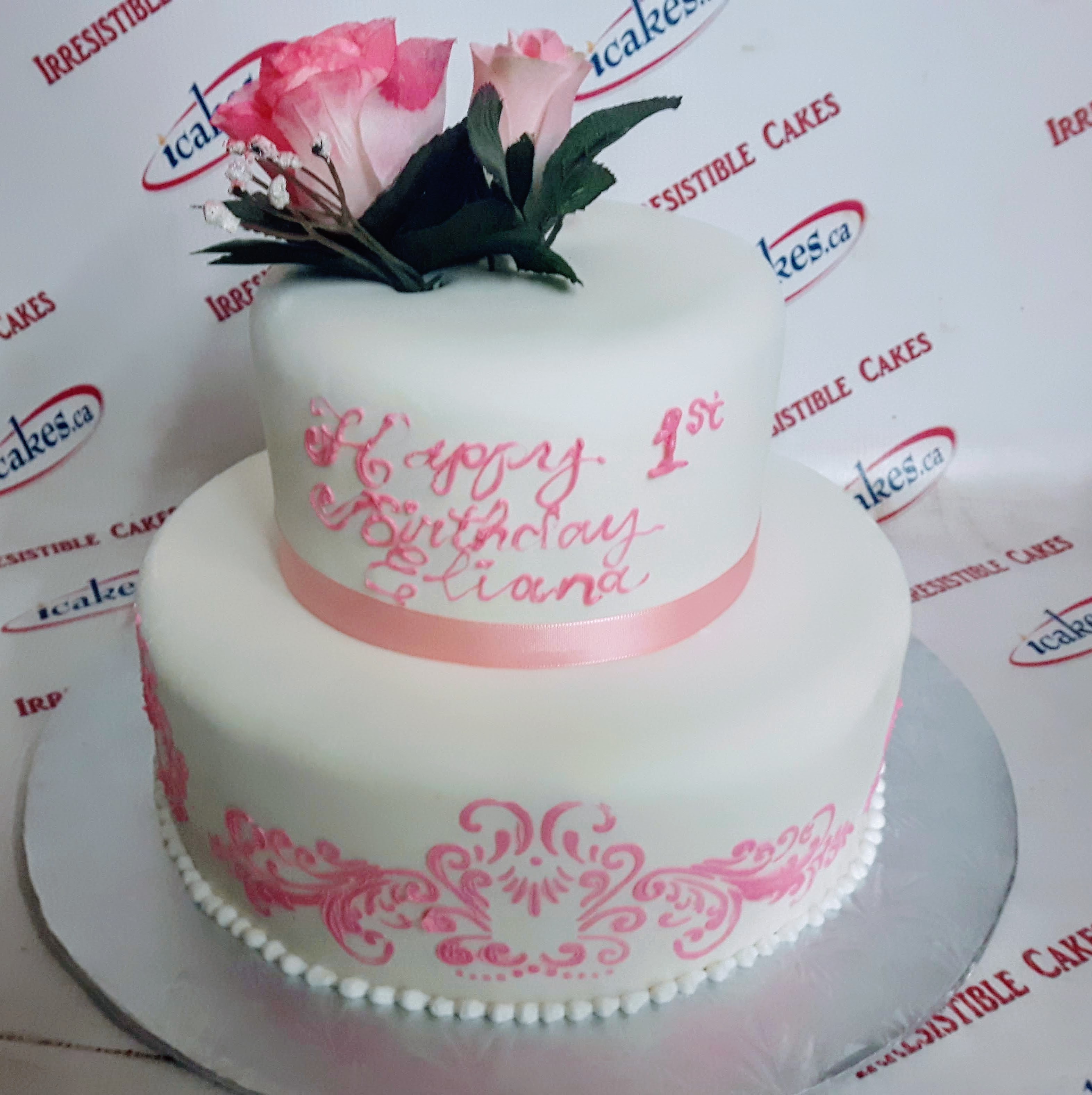 2 Tier Fondant Personalized Exclusive Stencil Silk Flowers Girl Birthday Cake