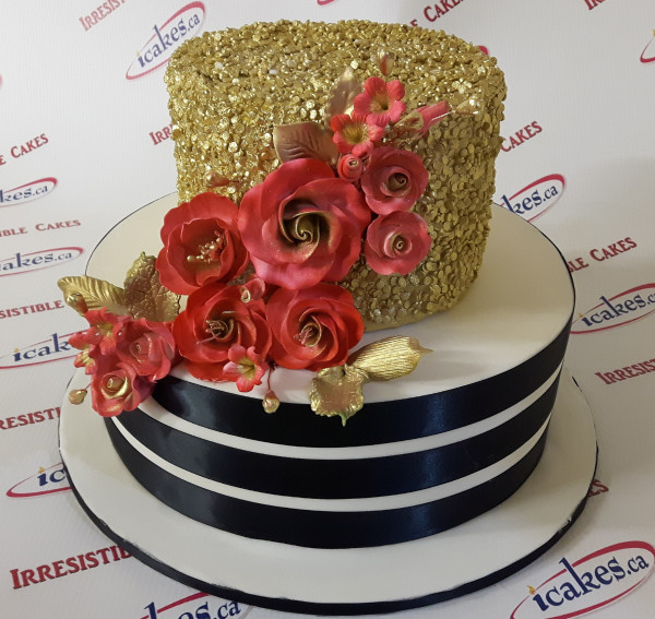 Fabulous, 2 Tier Gold Sequin Bridal Shower Cake