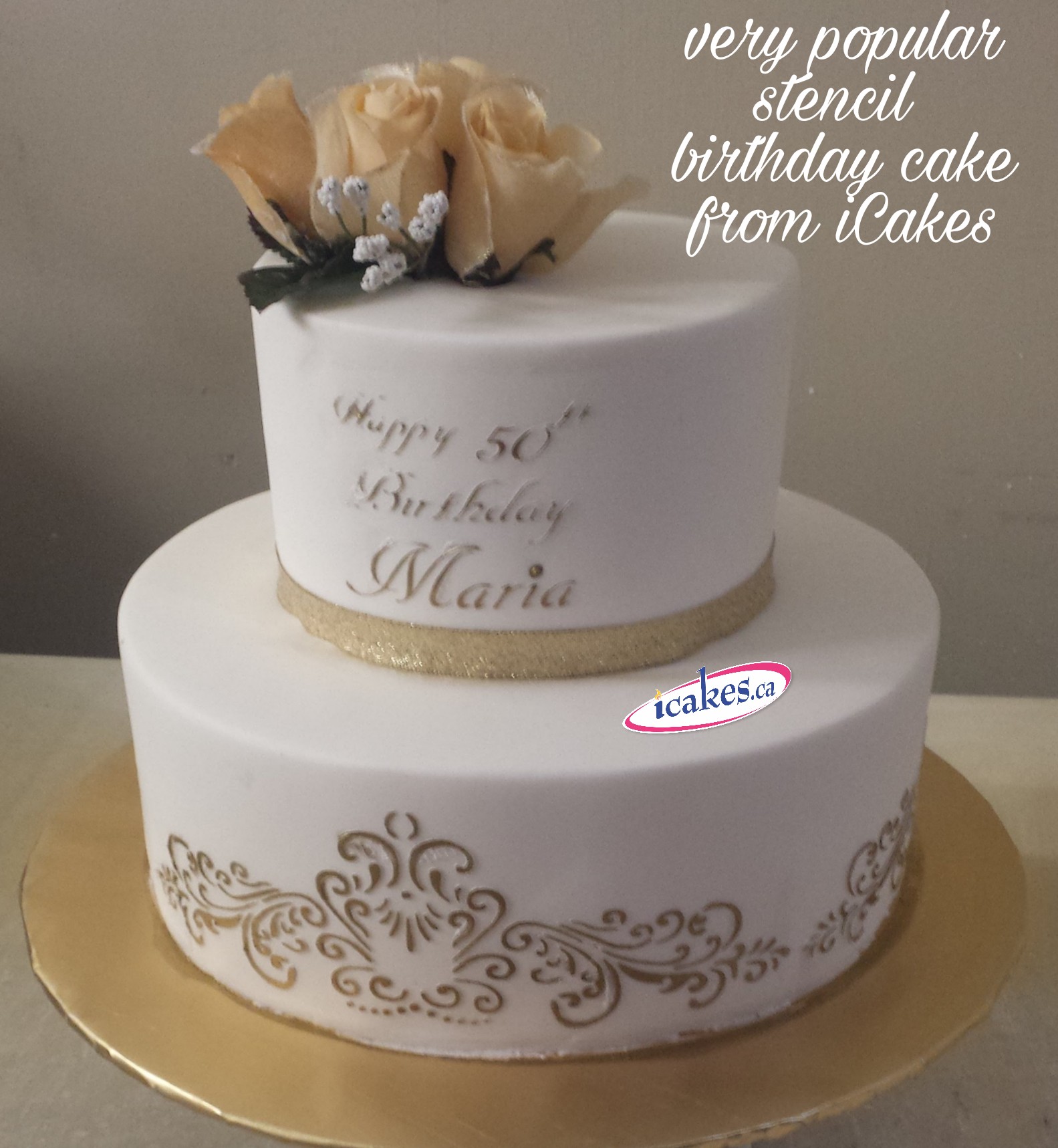 2 Tier Personalized Stencil, Silk Flowers, Exclusive Fondant Birthday Cake For Woman