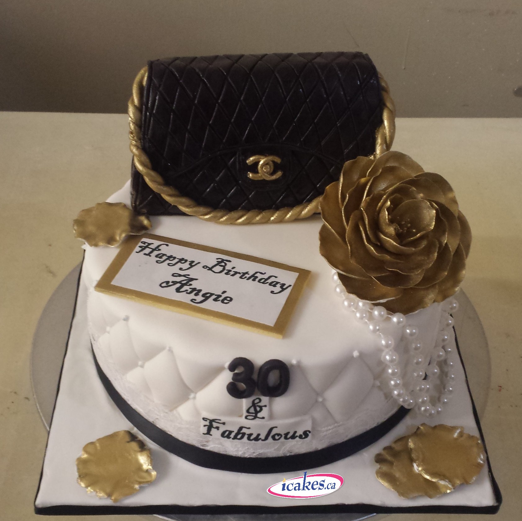 Chanel, Louis Vuitton, Gucci, Prada Bag/Purse, Black And Gold Rose, Birthday Cake For Woman/Girl