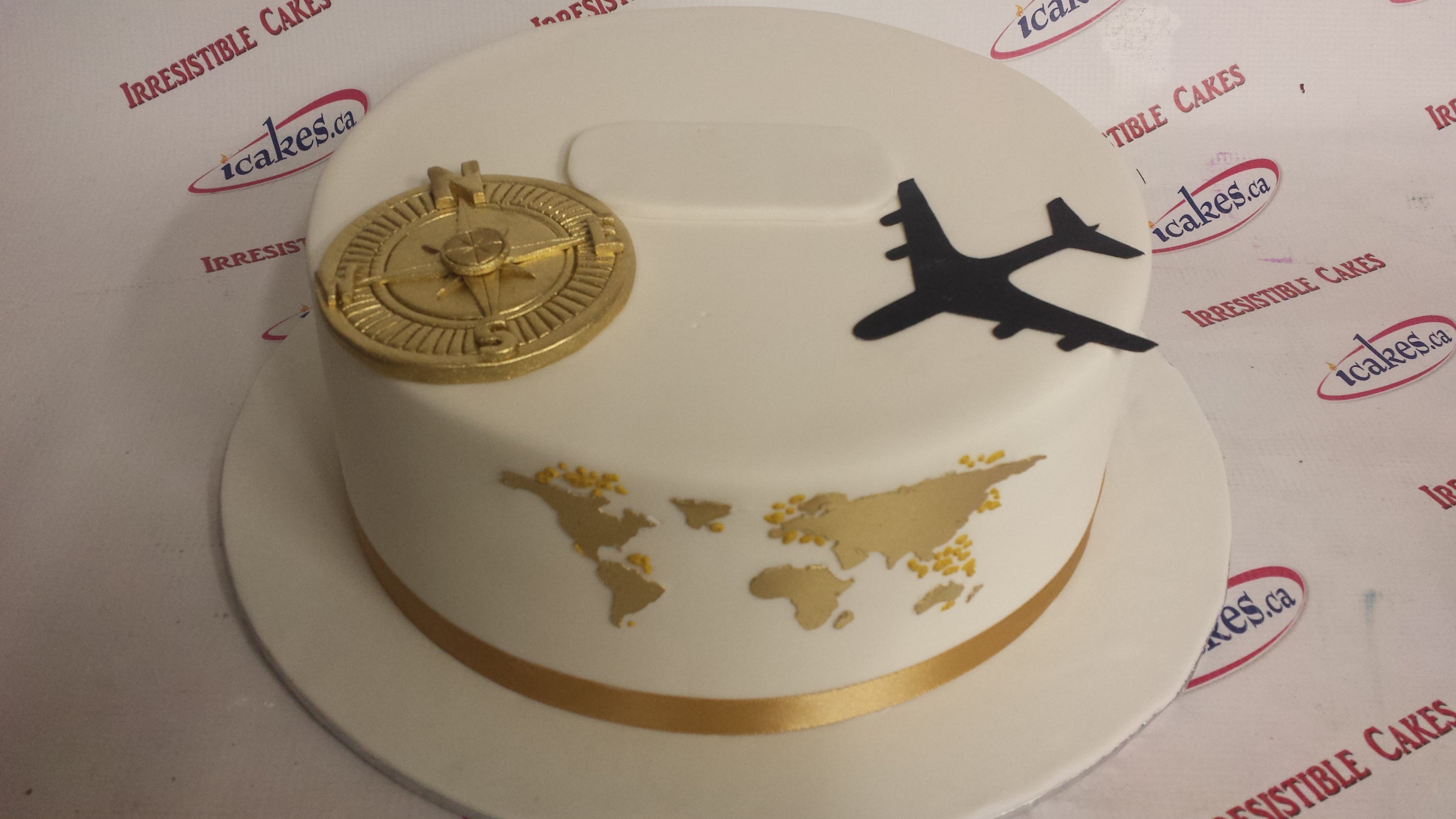 Travel Silhouette, Compass And Plane, Gold Fondant Birthday Cake