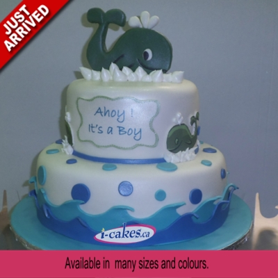 Whale/Dolphin 2 Tier Fondant Baby Shower Cake For Baby Boy/Girl