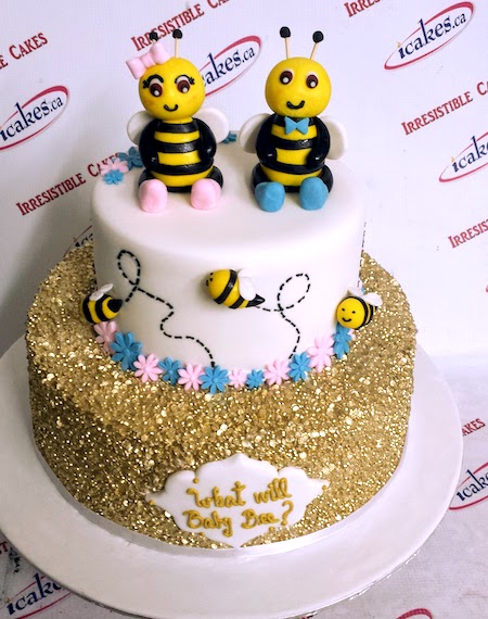 Baby Bee, Gold Sequins, Figurines, 2 Tier Fondant Gender Reveal or Baby Shower Cake