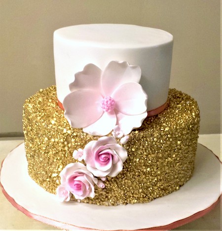 Gold Sequins, Gum Paste Edible Roses, Magnolia Flowers, Bridal Shower Engagement Fondant Cake