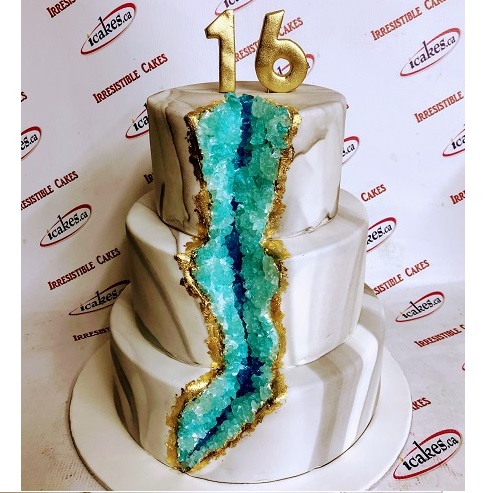 Geode, Marble, Turquoise, Rock Candy, Gold Leaves, 3 Tier Sweet Sixteen Cake