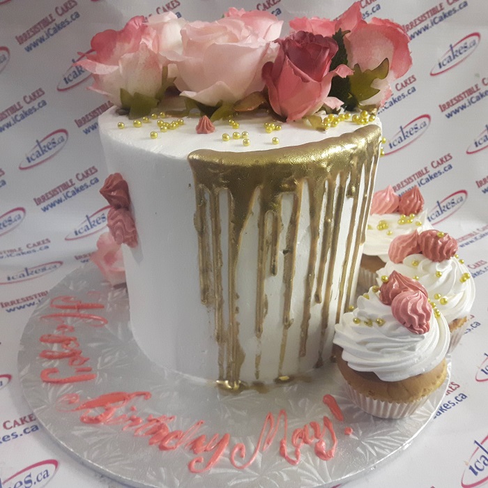 Tall exclusive gold dripping silk roses girl or woman birthday cake