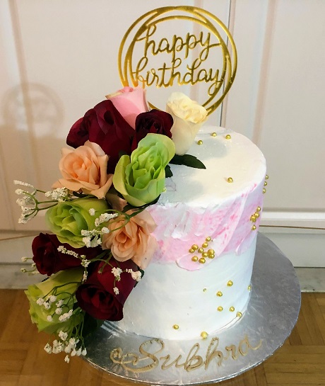 Subhra Tall High Buttercream Birthday Cake For Woman Or Girl With Silk Flowers, Edible Gold Balls And Birthday Cake Topper