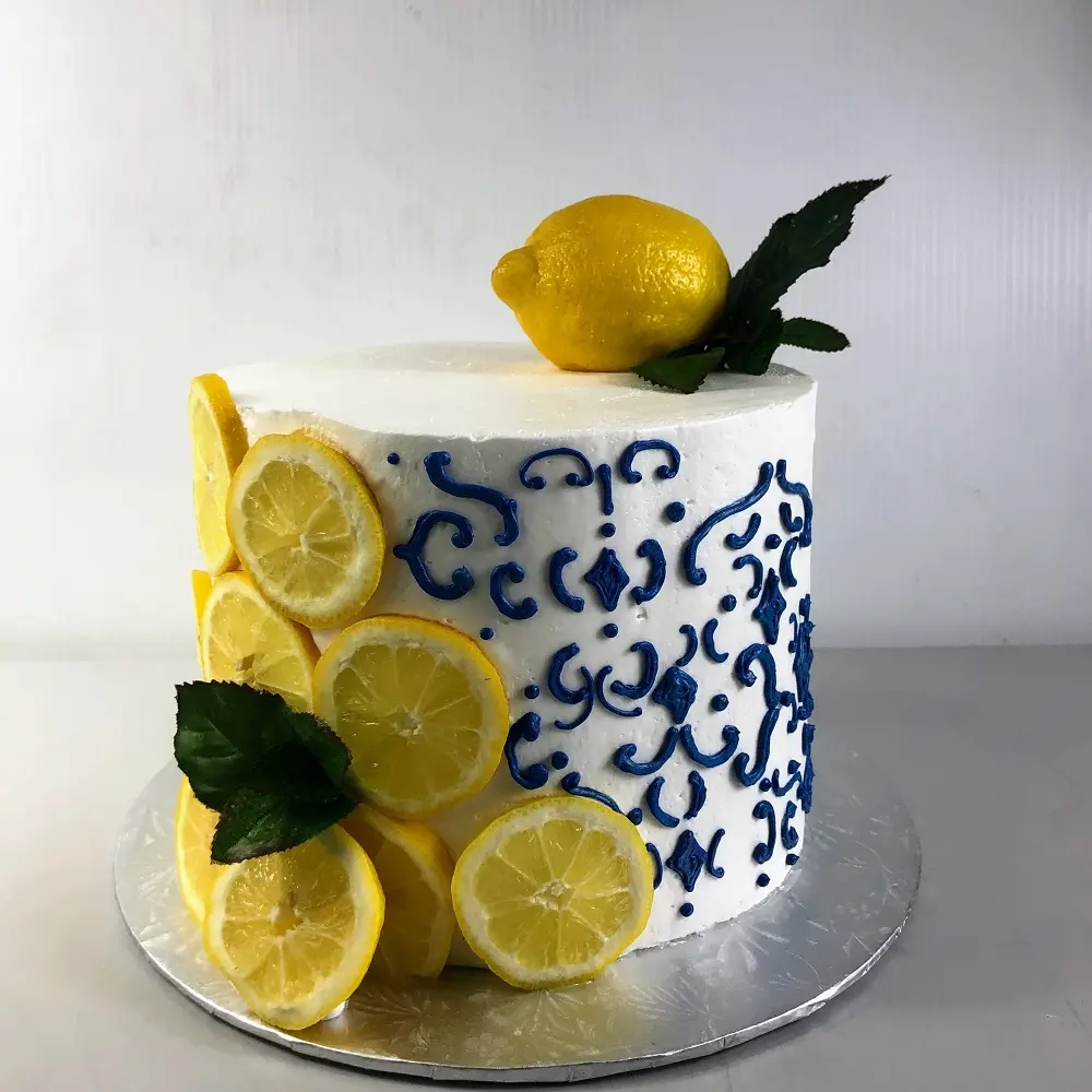 Mediterranean Blue Scroll Lemon Birthday Cake