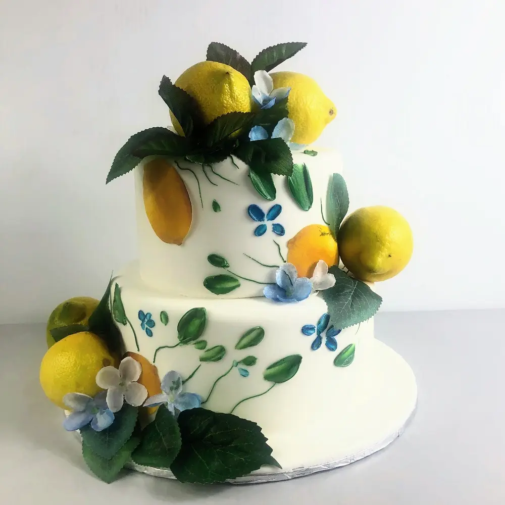 Two Tier Lemon and Blue Blossom Event Cake