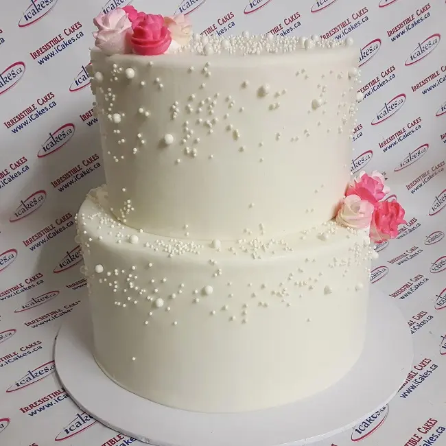 Tall 2 tier fondant sugar roses white balls pearl engagement, bridal shower, wedding  high cake