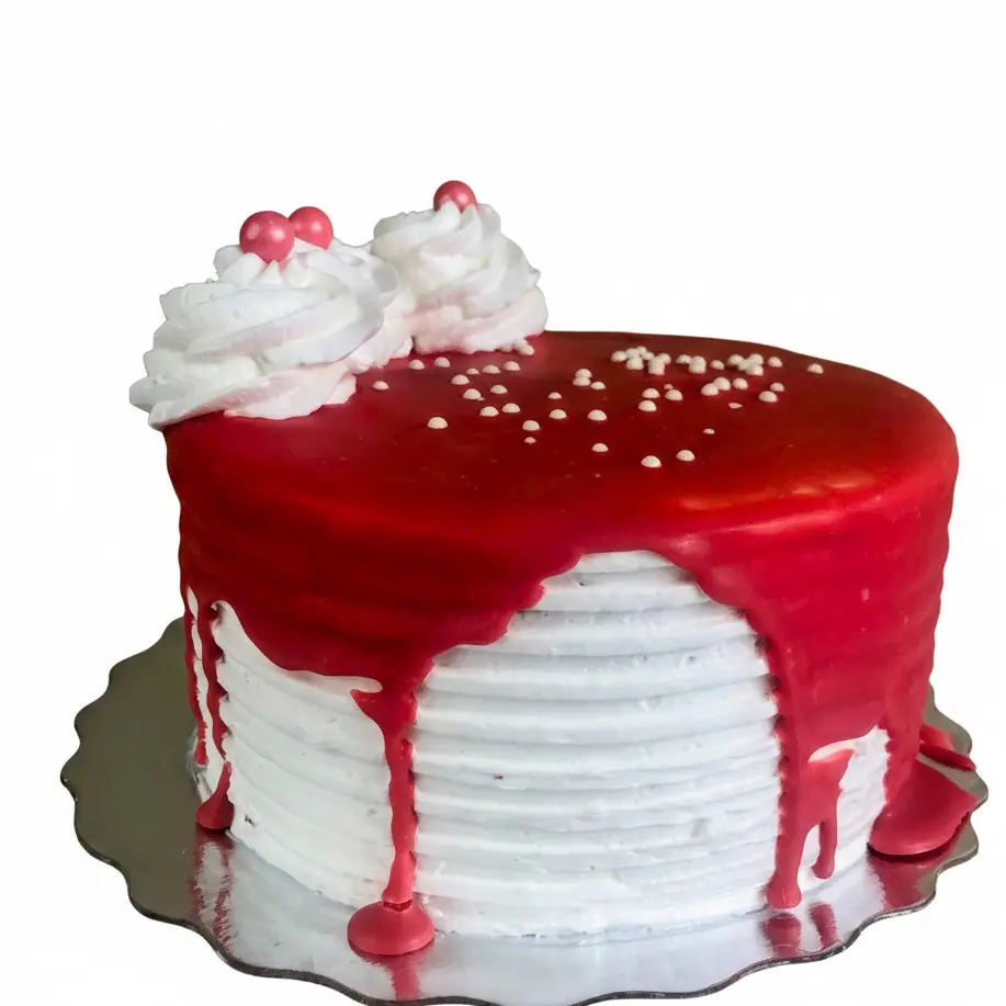 Eggless Vanilla Red Drip Cake