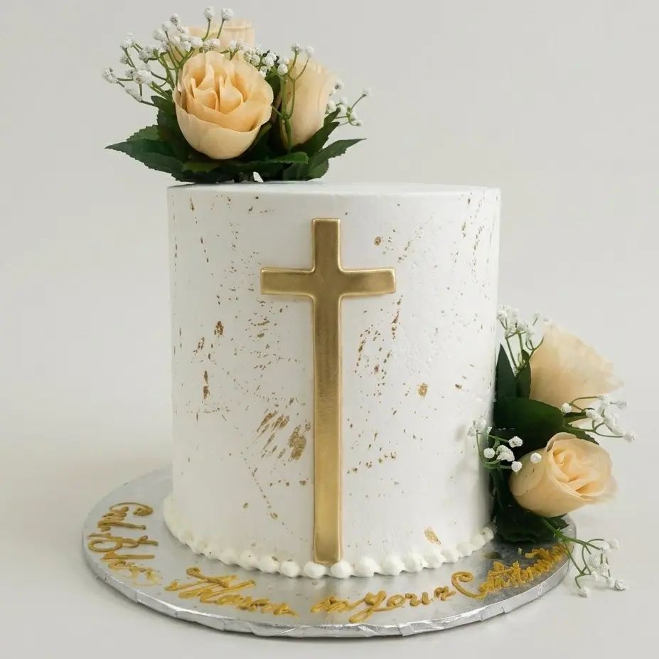 Tall Religious Buttercream Cake with Gold Cross Roses