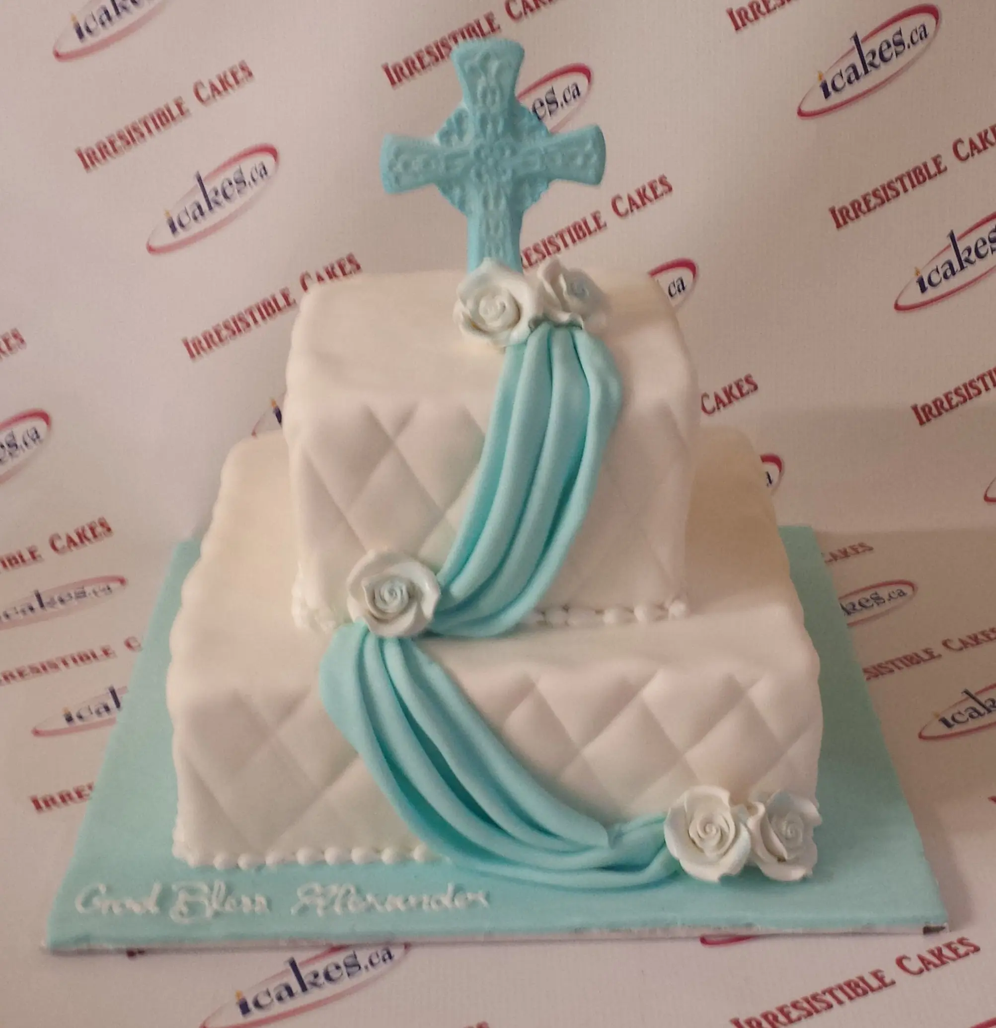 White And Blue Cross Communion Confirmation Fondant Religious Cake