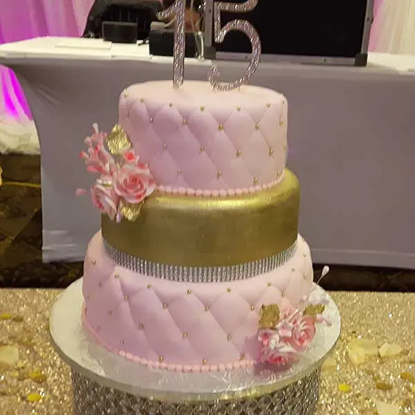 3 Tier Pink And Gold Quinceanera/Sweet Sixteen Cake
