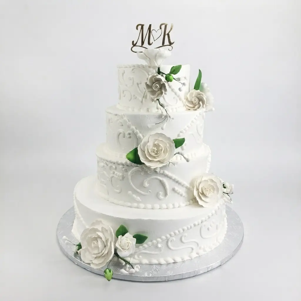 Four Tier Scrollwork Wedding Cake with White Gum Paste Roses