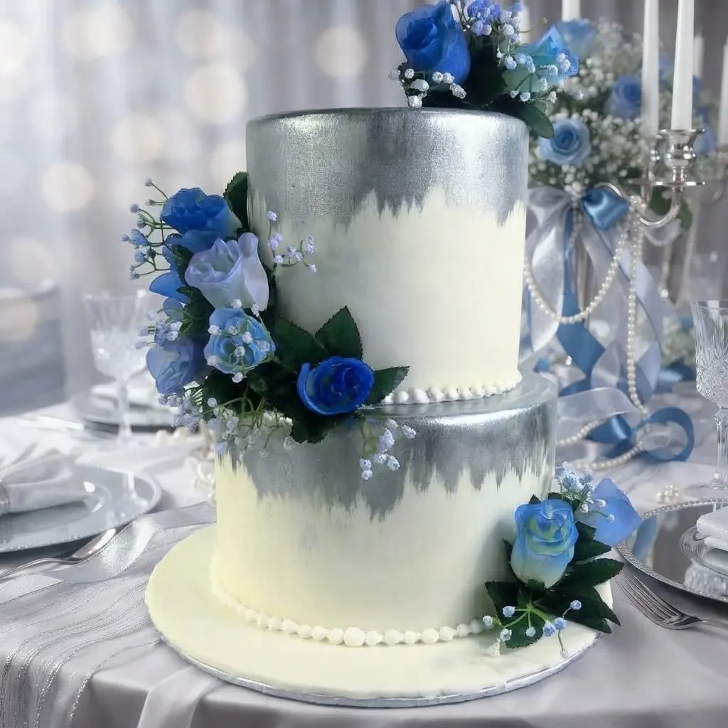 Silver Brush Tall Silk Roses Two Tier Wedding Cake
