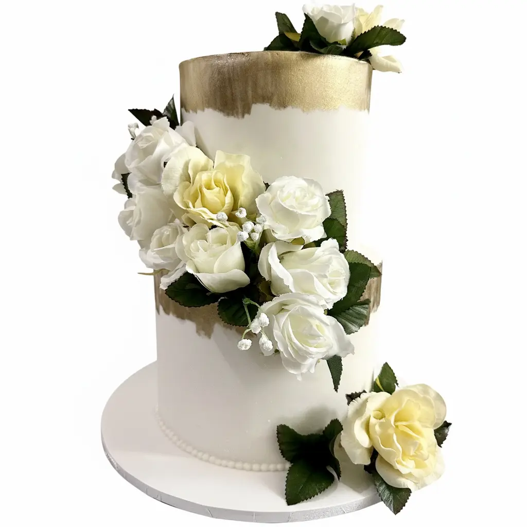 New Gold brush tall silk roses 2 tier wedding cake