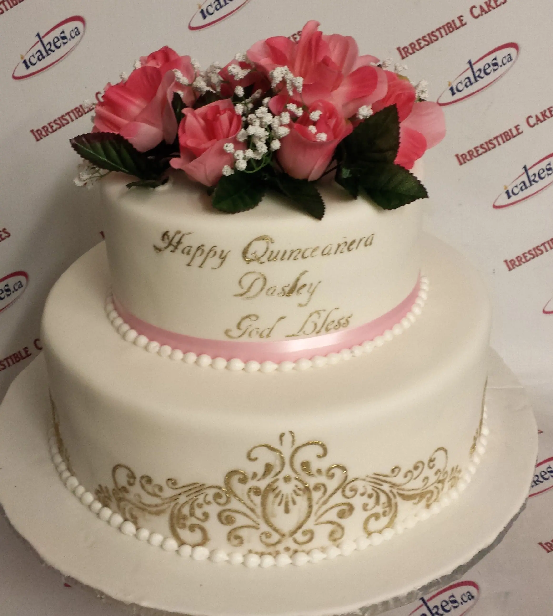 2 Tier Personalized Stencil, Silk Flowers, Exclusive Fondant Birthday Cake For Woman