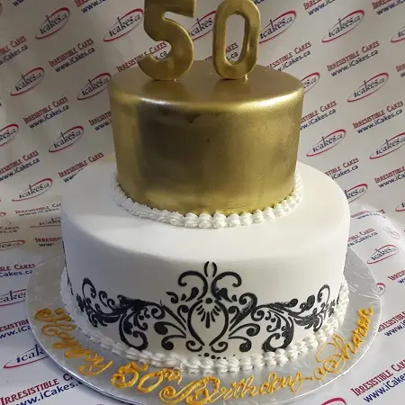 2 Tier Stencil Gold Fondant 50th Birthday Anniversary Cake For Woman