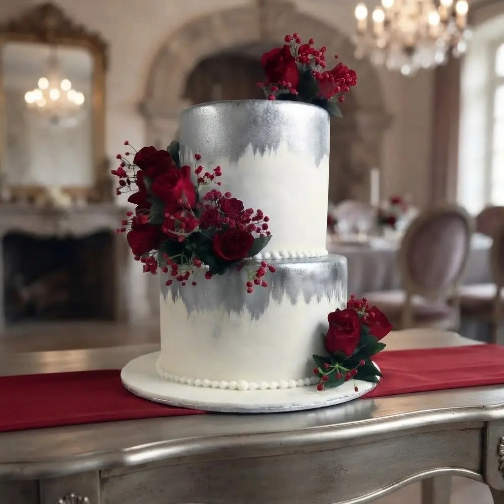 Silver Brush Tall Silk Roses Two Tier Wedding Cake